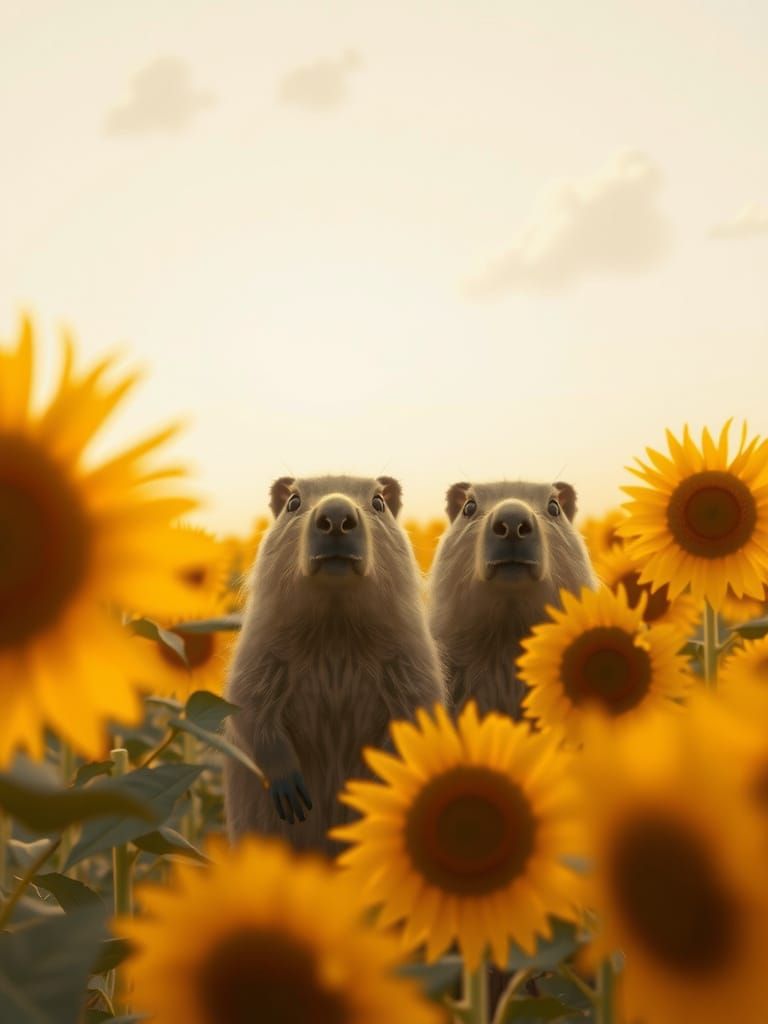 Capybaras in Sunflower Field, Photorealistic 4K
