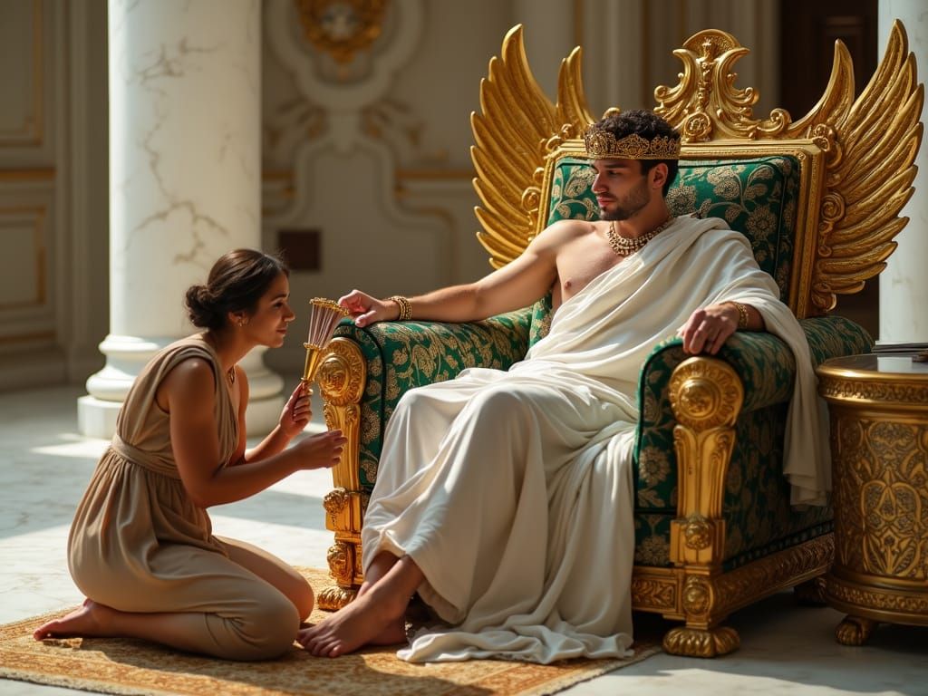 Young Emperor on Eagle Throne in Palace Room