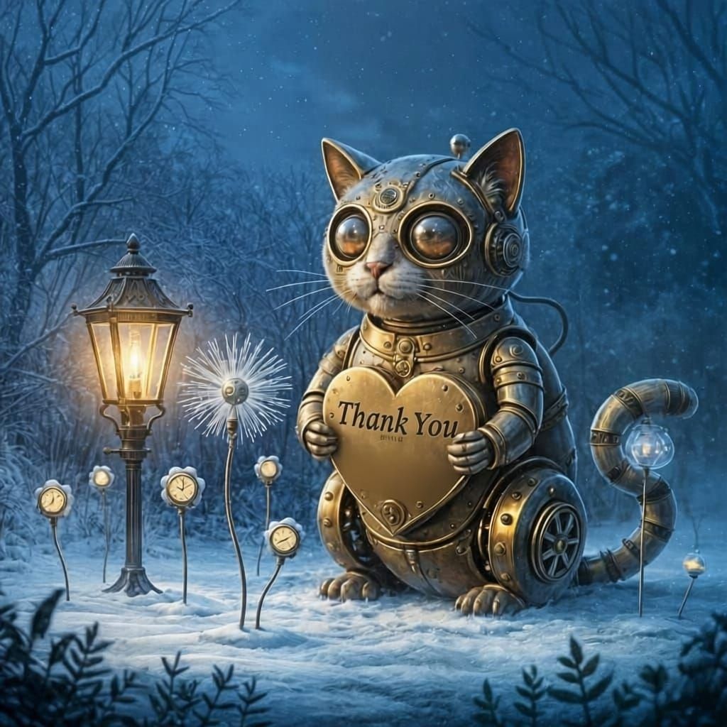 Steampunk Cat's Heartwarming "Thank You" in Frozen Garden