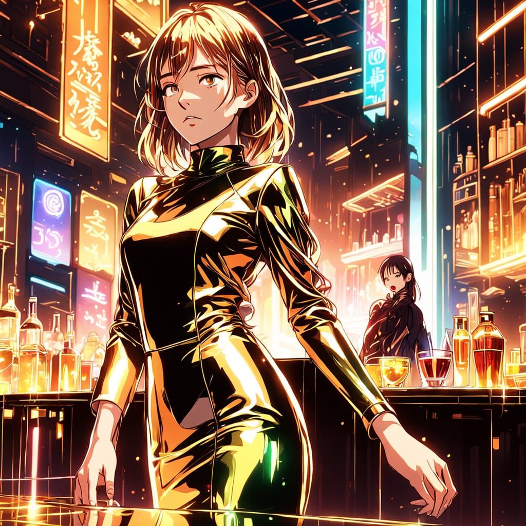 Anime Woman in Metallic Dress at Luxury Bar