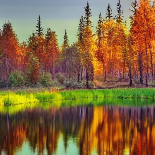 Serene River Landscape in Golden Hour Oil Painting Style