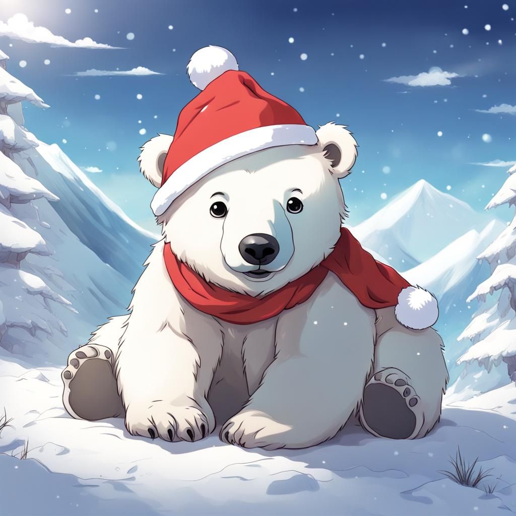 Cute Baby Polar Bear in Red Santa Hat Amidst Snowy Mountain....