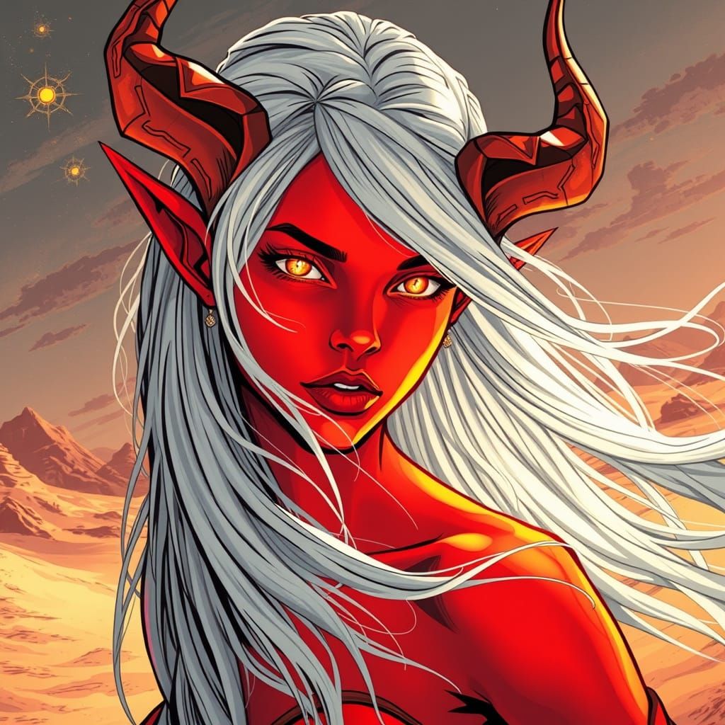 Striking Female Jinn in Desert Landscape, Comic Book Art