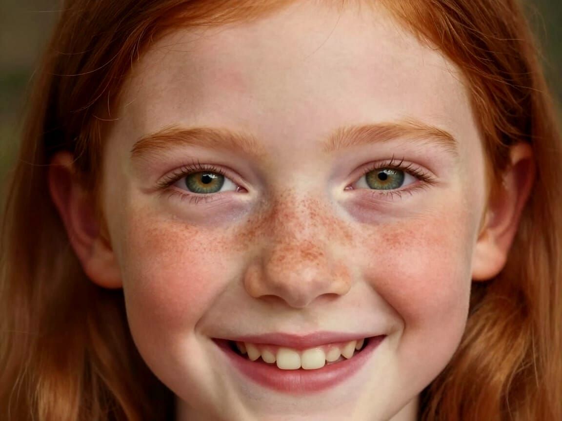 Joyful Red-Haired Girl with Green Eyes and Freckles