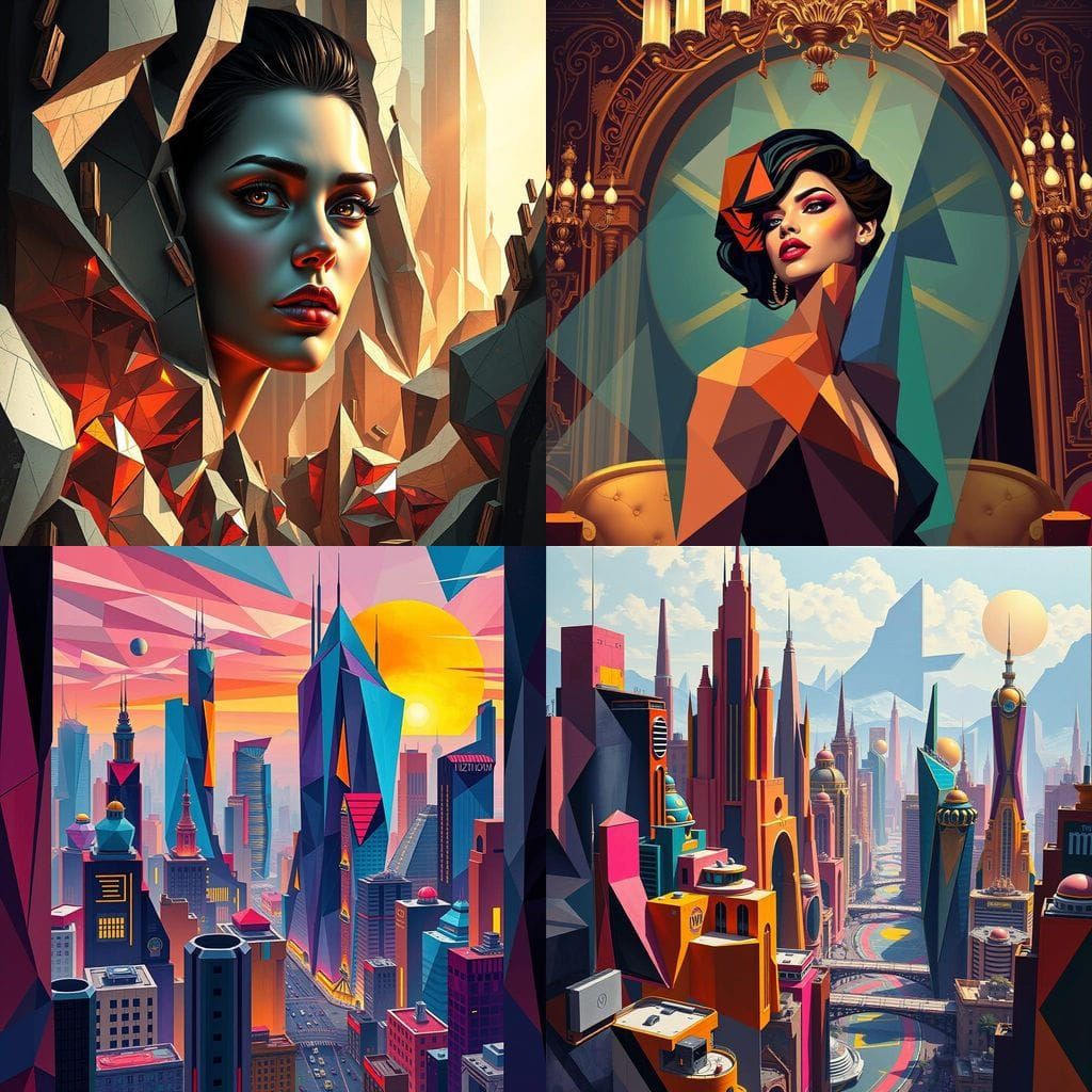 Vibrant Neo-Cubist Masterpiece with Layered Geometry