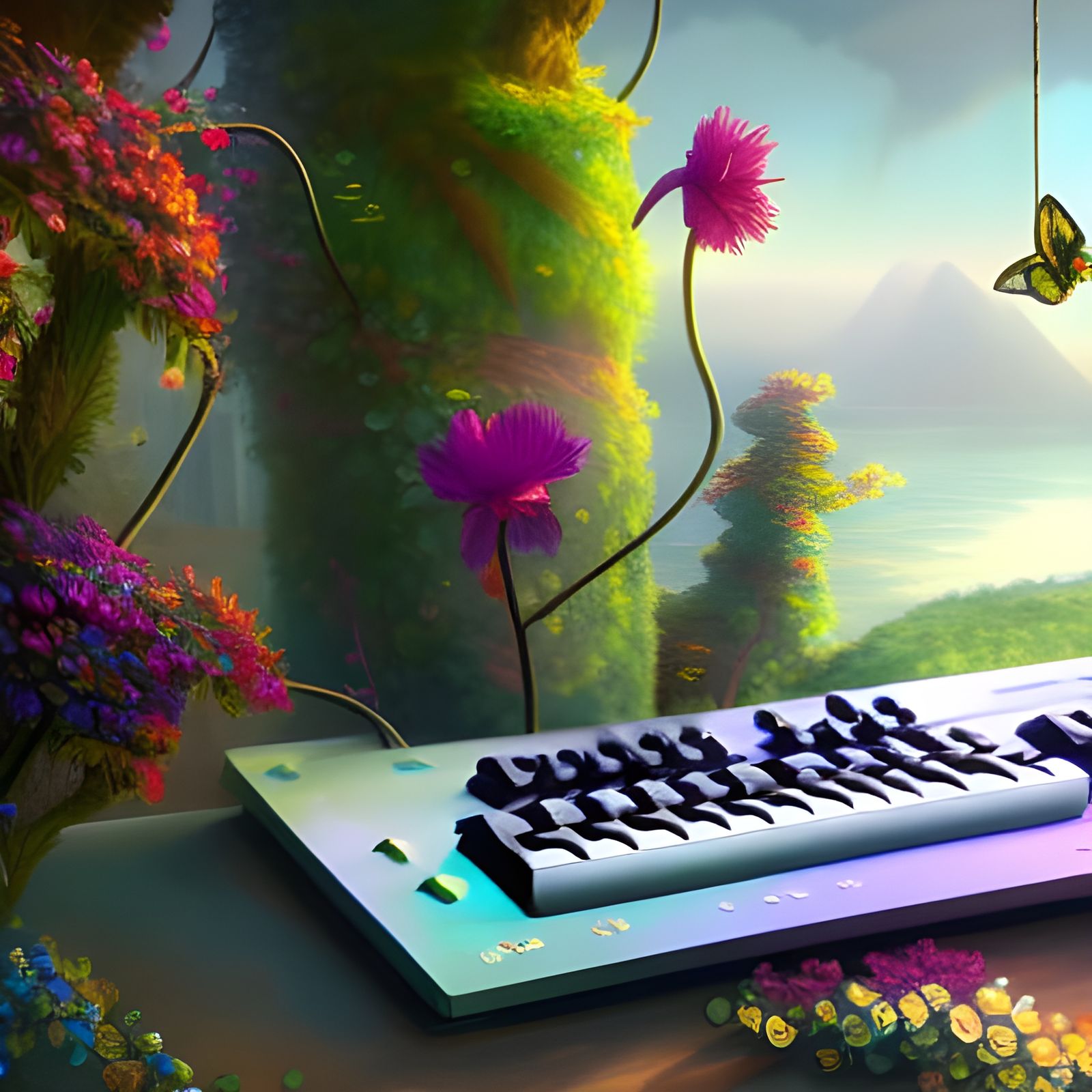 Surreal Computer Keyboard Blossoms in a Garden of Wonders