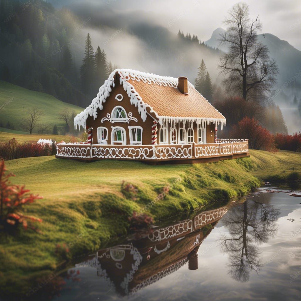 Gingerbread house set in a beautiful misty mountain landscap...