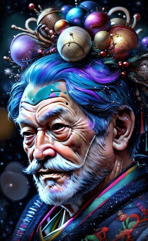 Elderly Man in Sequined Christmas Sweater Holding Cocoa