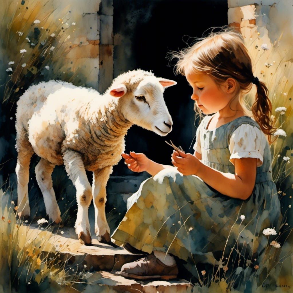 A Young Girl Tenderly Cares for Her Lamb, Captured in Vibran...