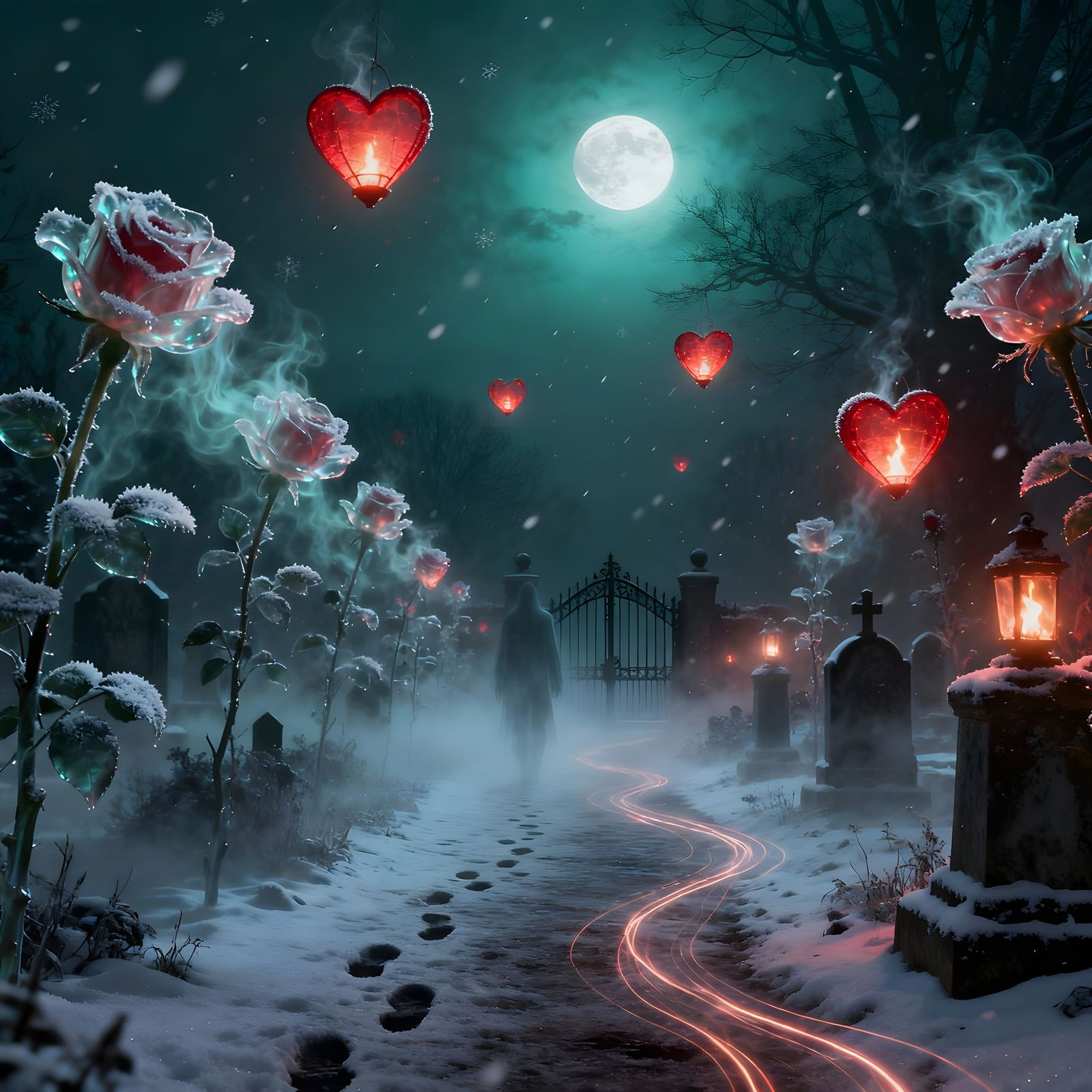Enchanted Snowy Path with Frost Roses and Floating Lanterns