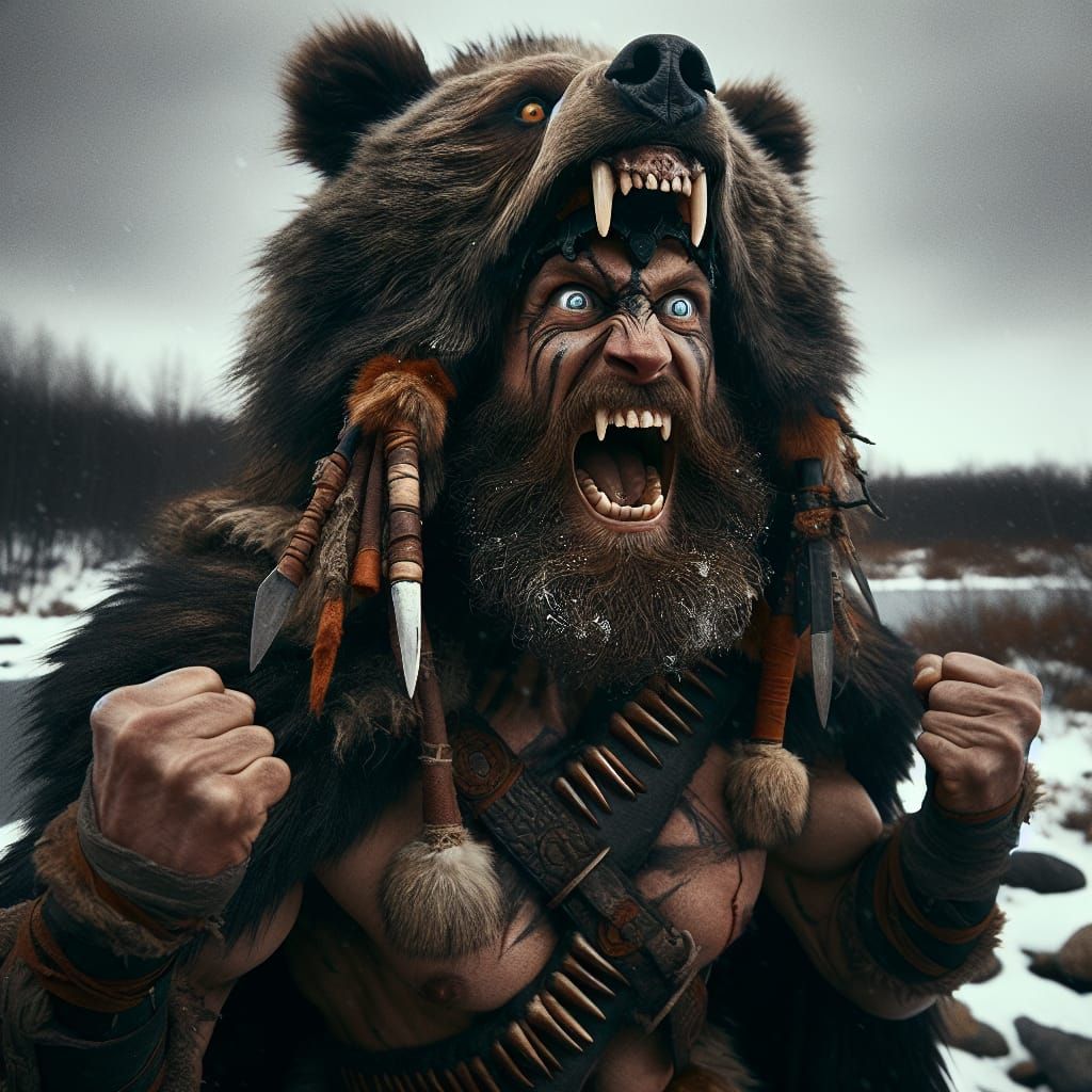 Berserker en état de transe guerrière , avec pelisse d’ours ...