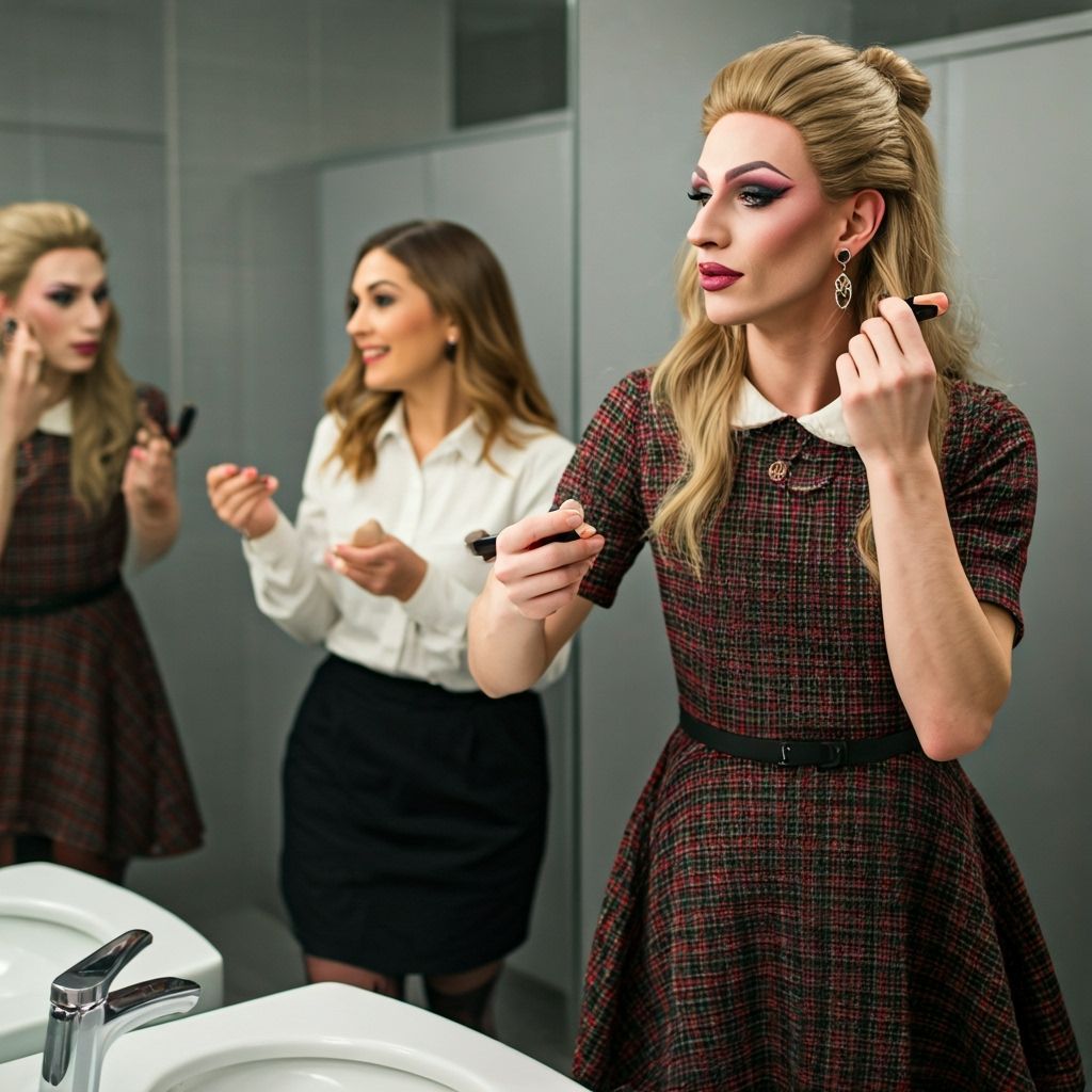 Androgynous Blonde in Minidress Applying Makeup