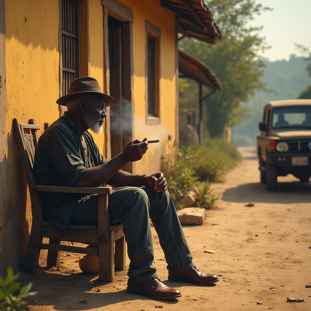 Rustic Elderly Man Sits on Tree Stump in Front of Earthy Hom...