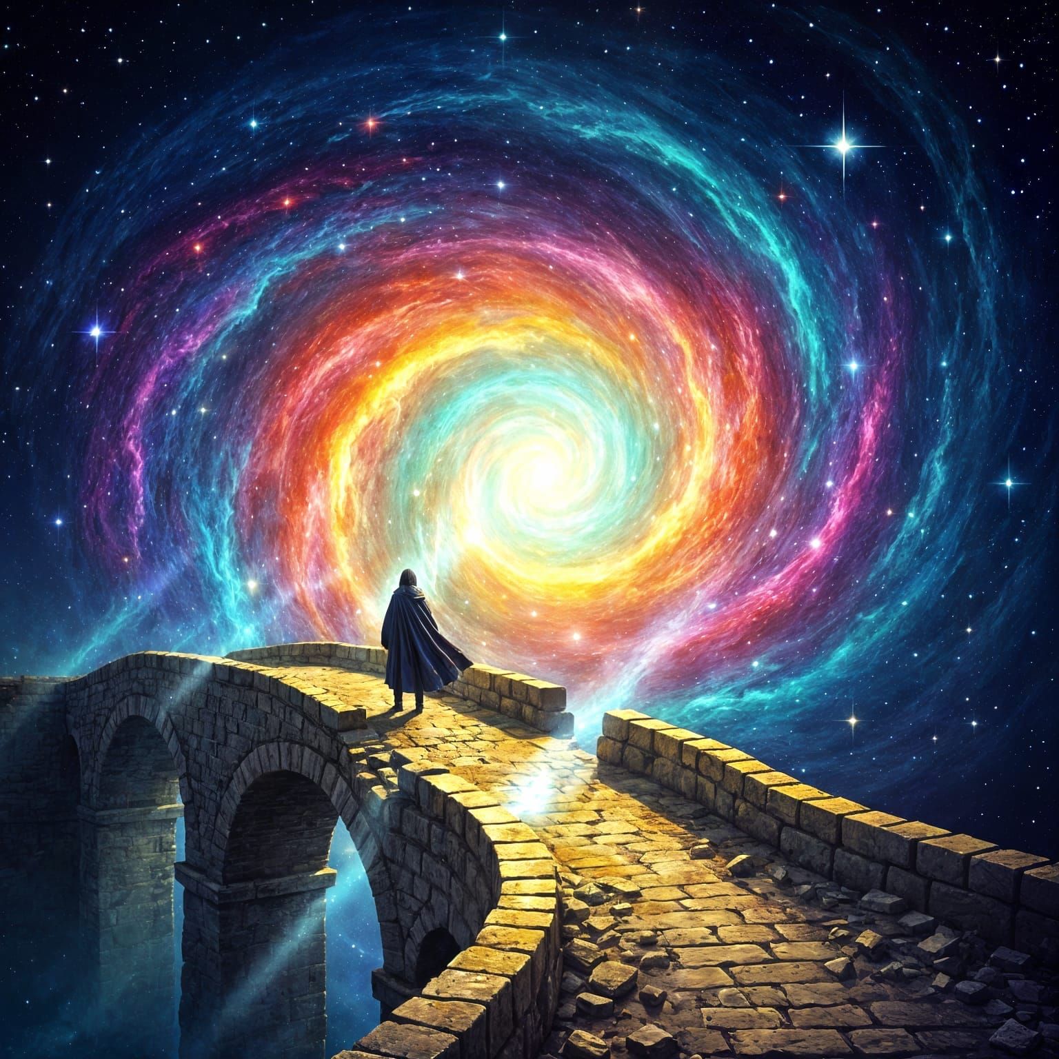 Lone Figure Gazes Into Swirling Nebula from Crumbling Bridge