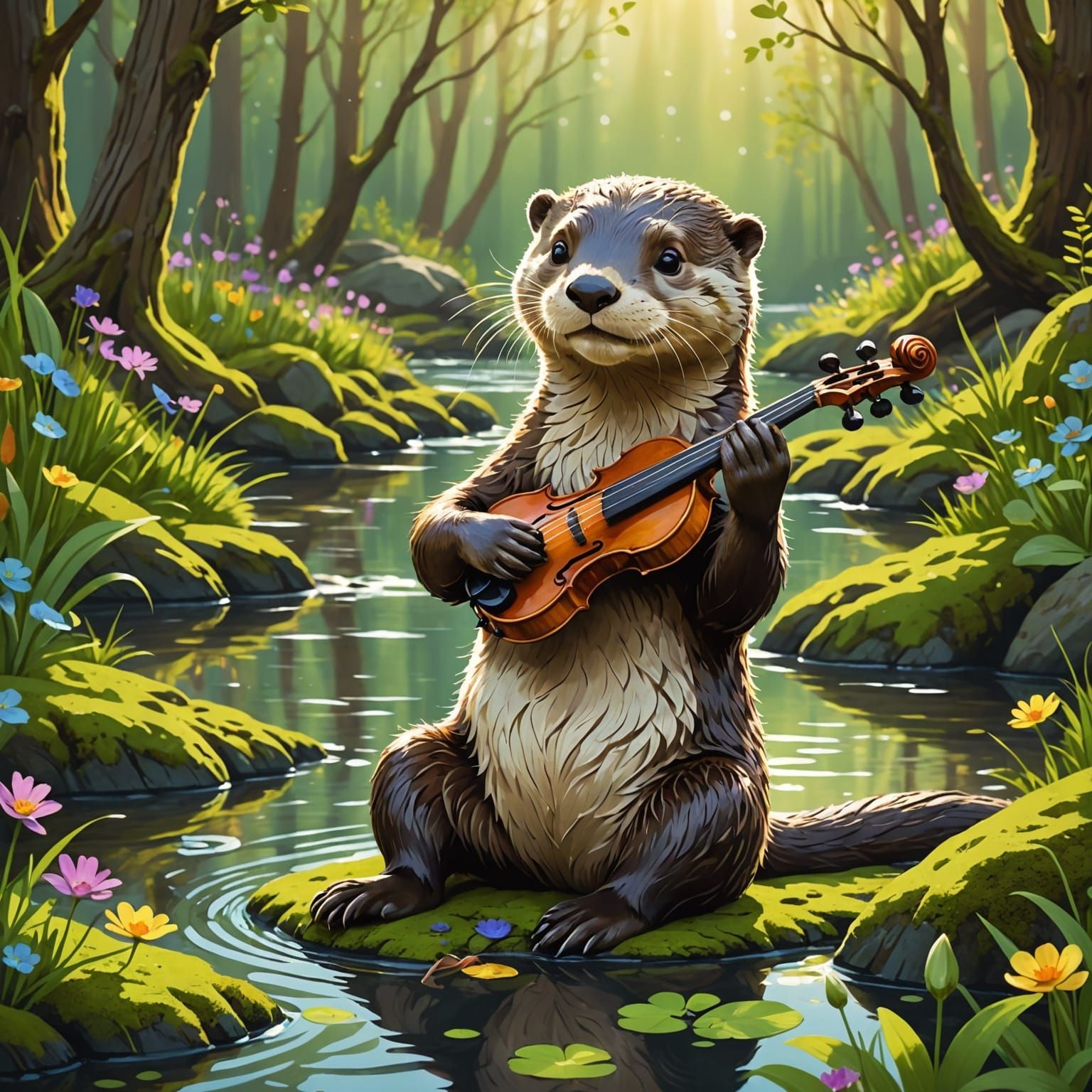 Whimsical Otter's Riverbank Serenade in Watercolor Style