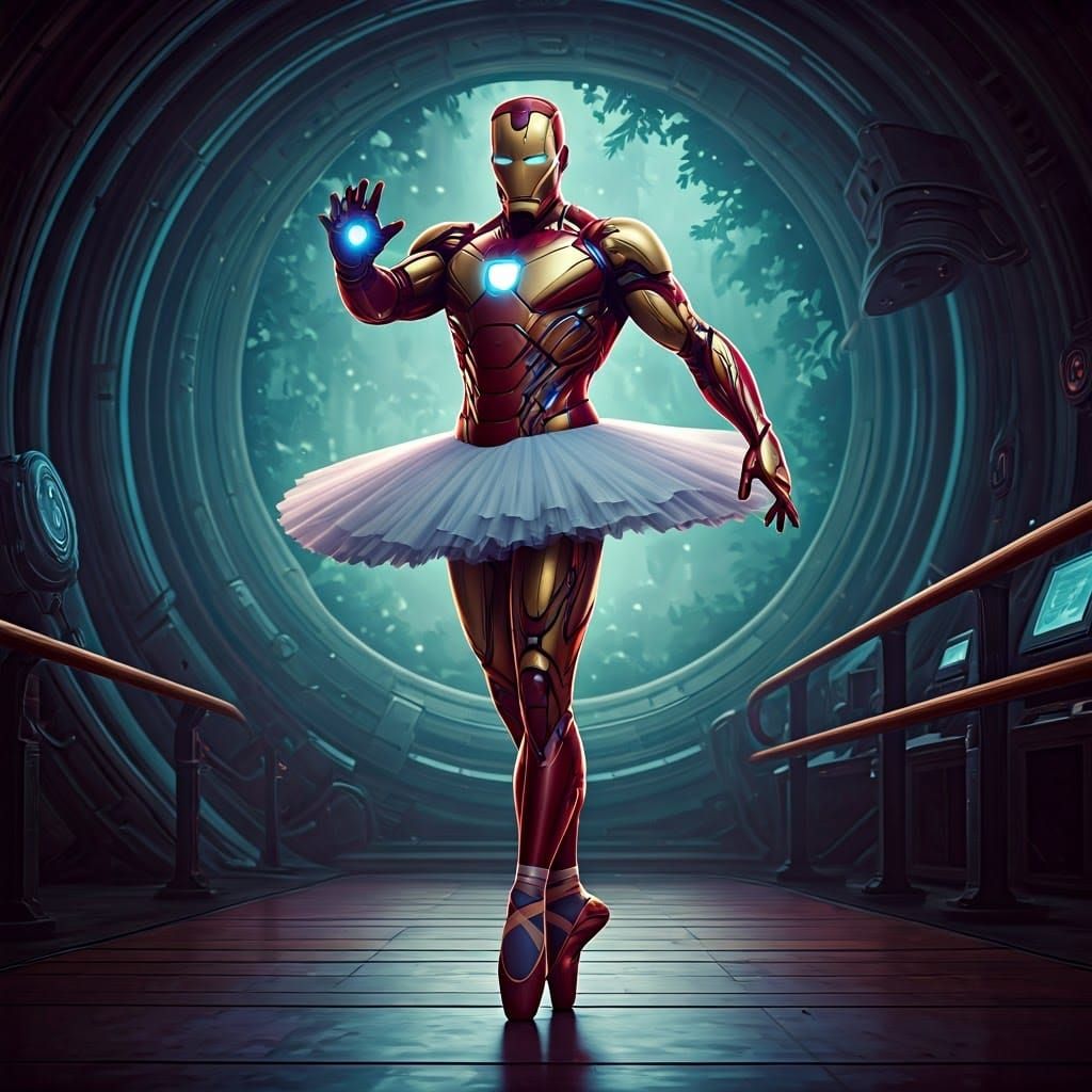 Ironman, clad in a tutu and ballet shoes, poses en pointe am...