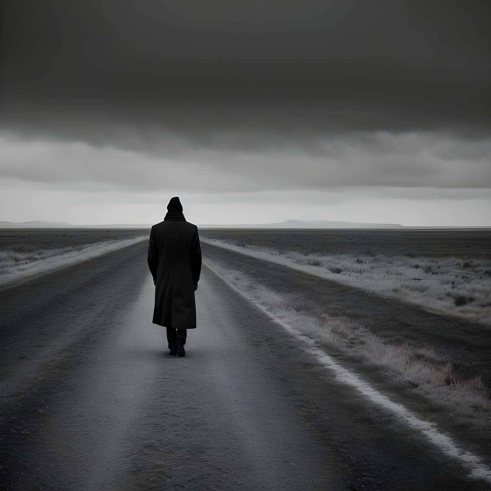 A Lonely Figure Contemplates Life on a Deserted Black and Wh...