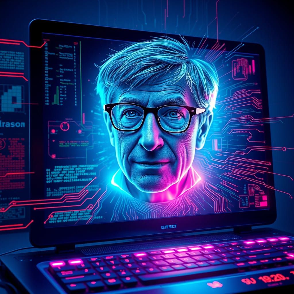 Bill Gates Emerges from Neon Flickering PC Screen