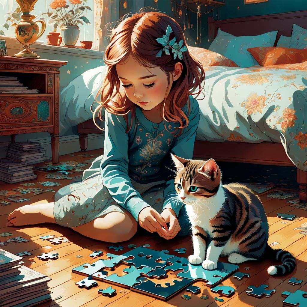 Little Girl Lost in Whimsical Puzzle World