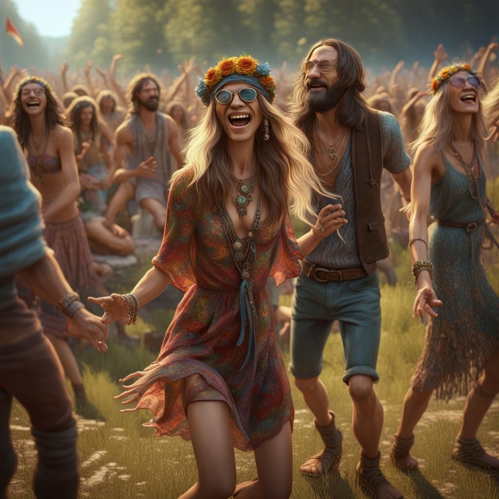 Woodstock Hippies Dance in Vibrant Color