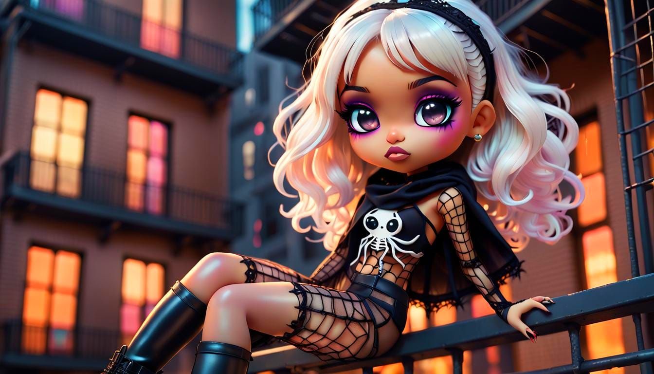 Cute Yasmin Bratz in Ghostly Outfit on Fire Escape