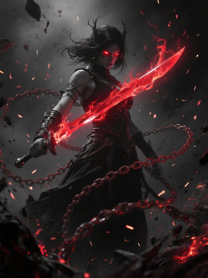 Mythpunk Goddess of Shadow and Blood in Monochrome