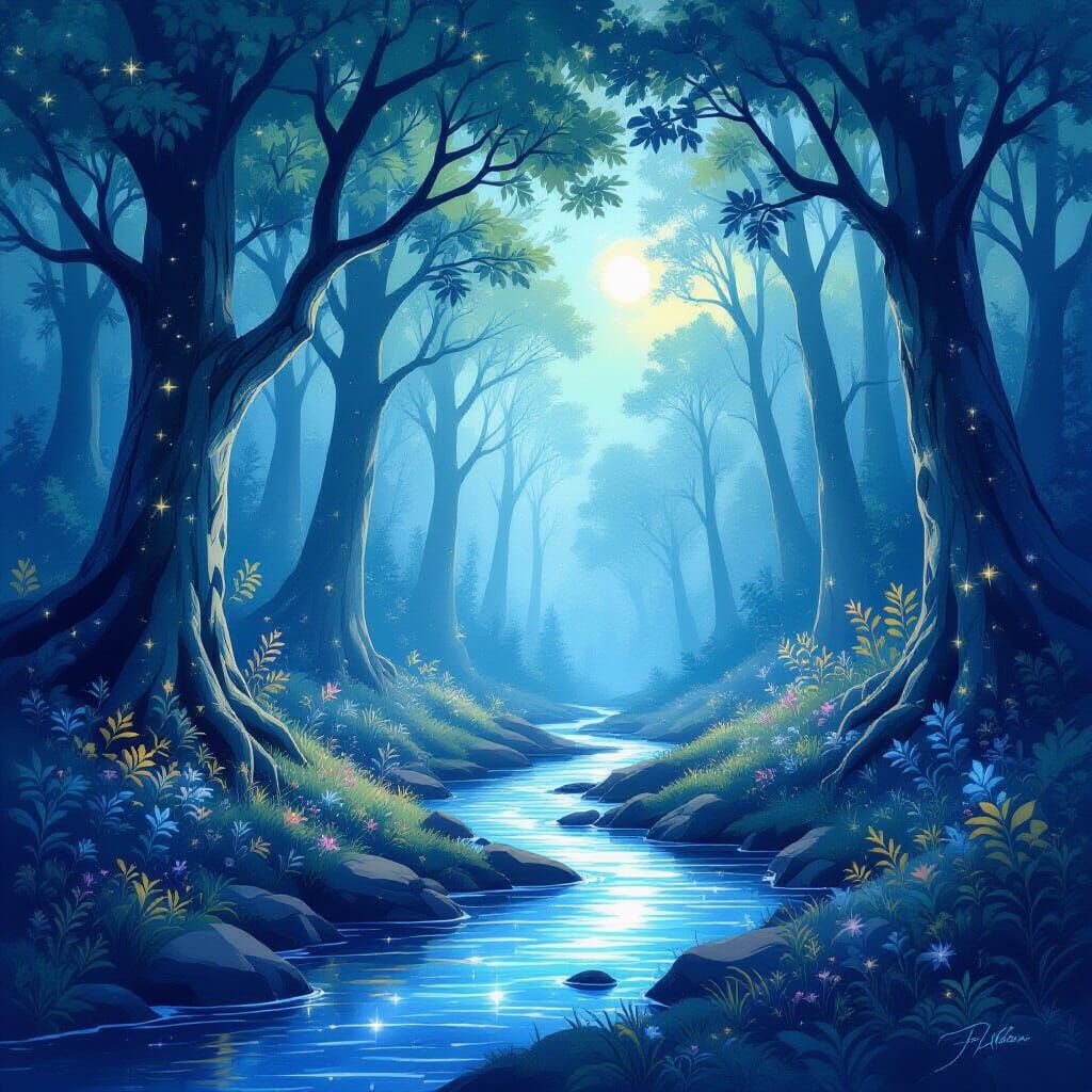 Ethereal Starlight Forest with Liquid Moonlight Stream
