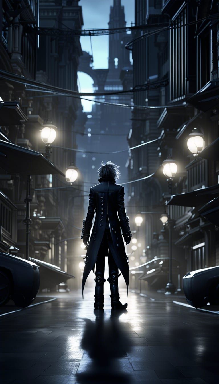 versus xiii, master of masters, standing on streets Insomnia, backwards body view, gothic metropolis, ffxv, infinite biu...