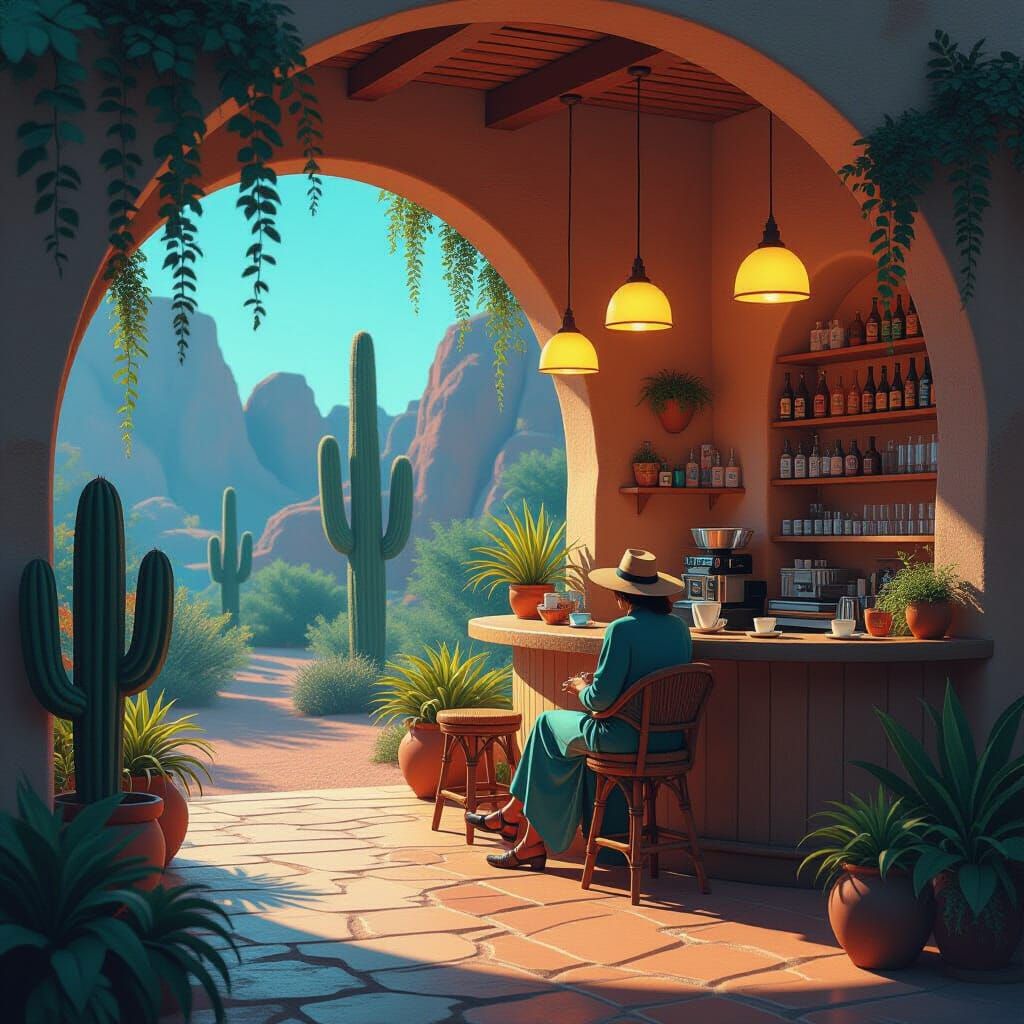 Traveler Rests in Magical Desert Oasis Cafe
