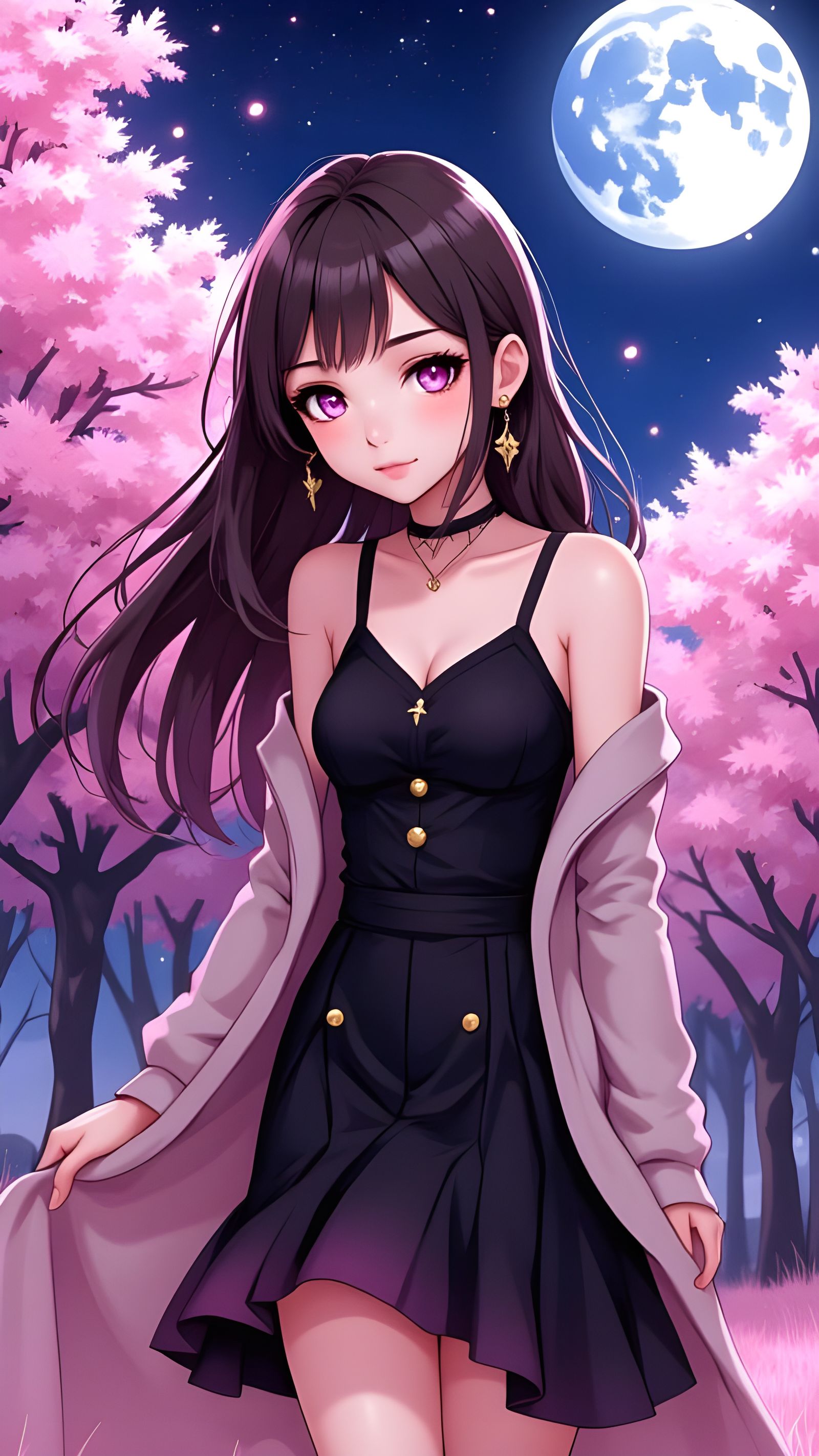Anime Woman in Sakura Field at Midnight