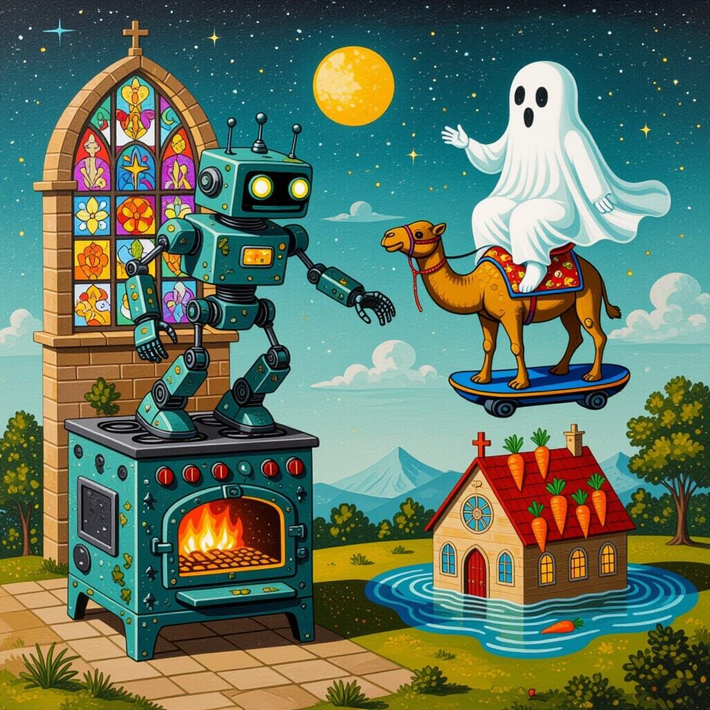 Mossy Robot Flies Over Oven, Camel on Hoverboard