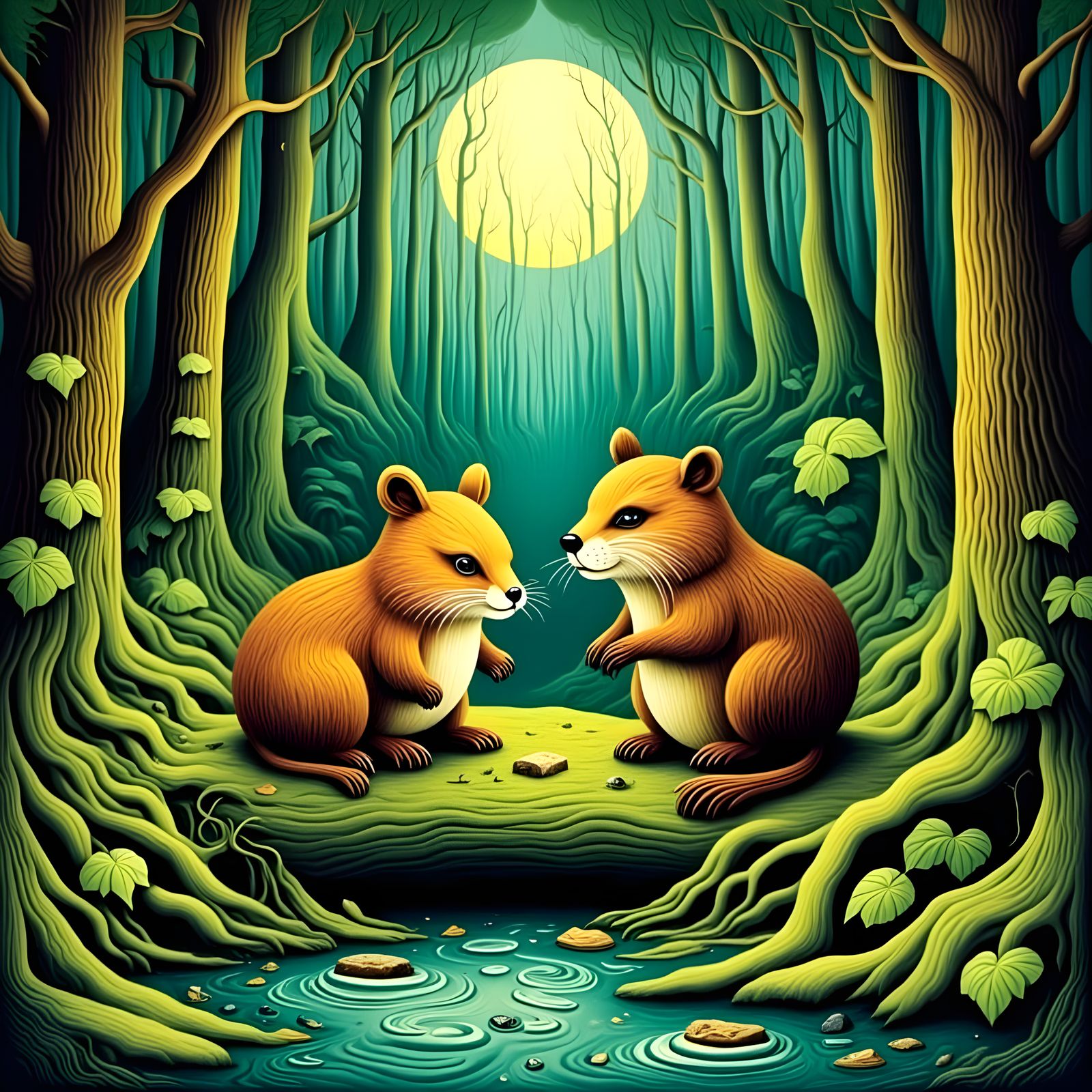 Woodcut Whimsy Bobcat and Beaver Moonlit Forest Gathering