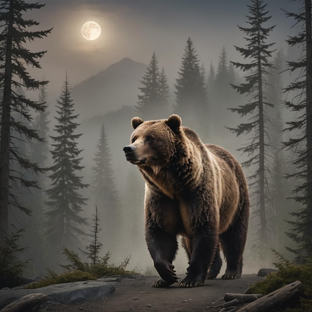 Majestic Grizzly Bear Amidst Lunar Glow on Transparent Backg...