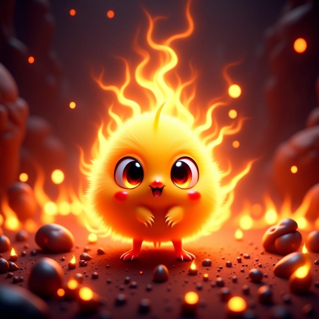 Cute Digital Fireball Character in a Fiery Surround