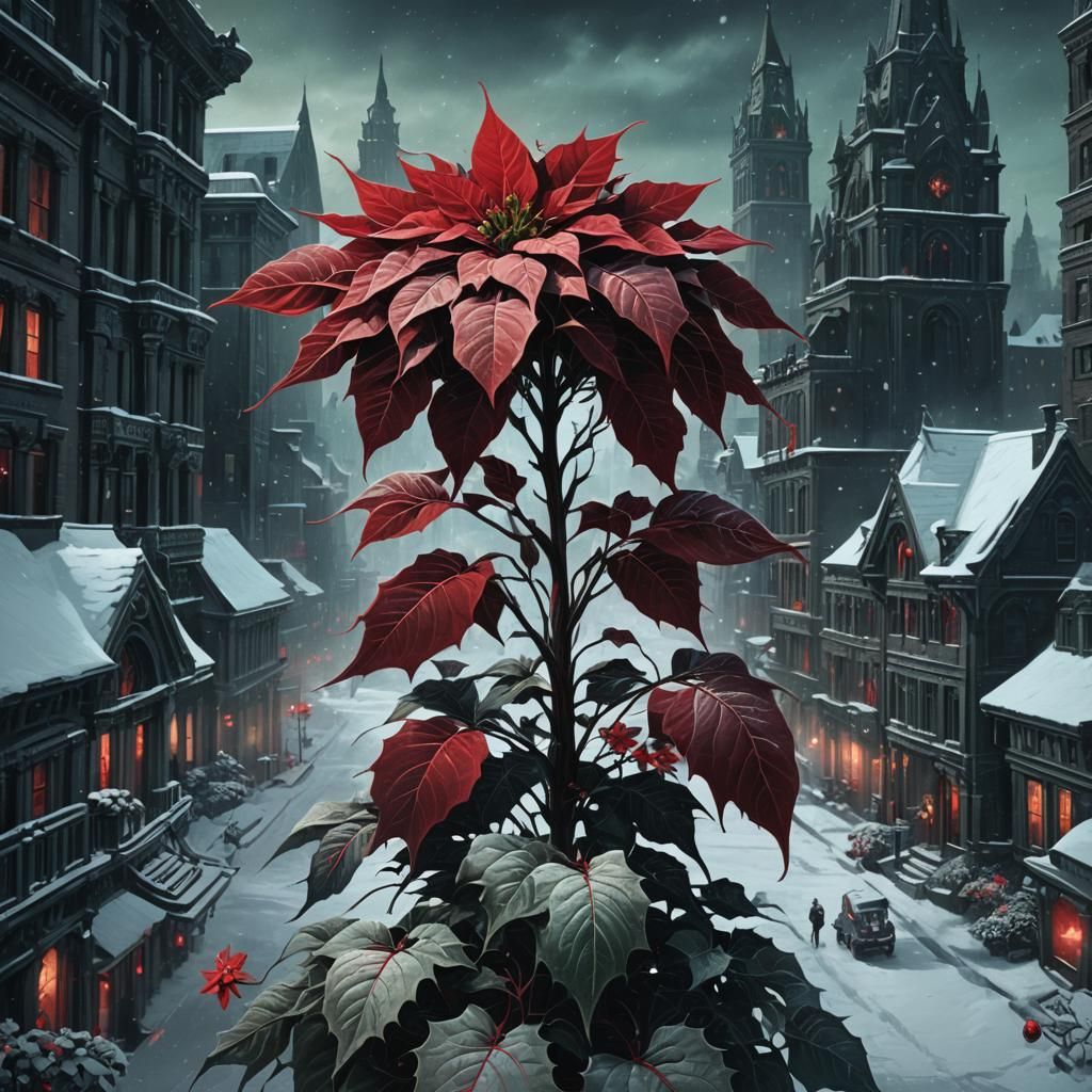 Gothic Poinsettia Haunts Winter Wonderland Cityscape