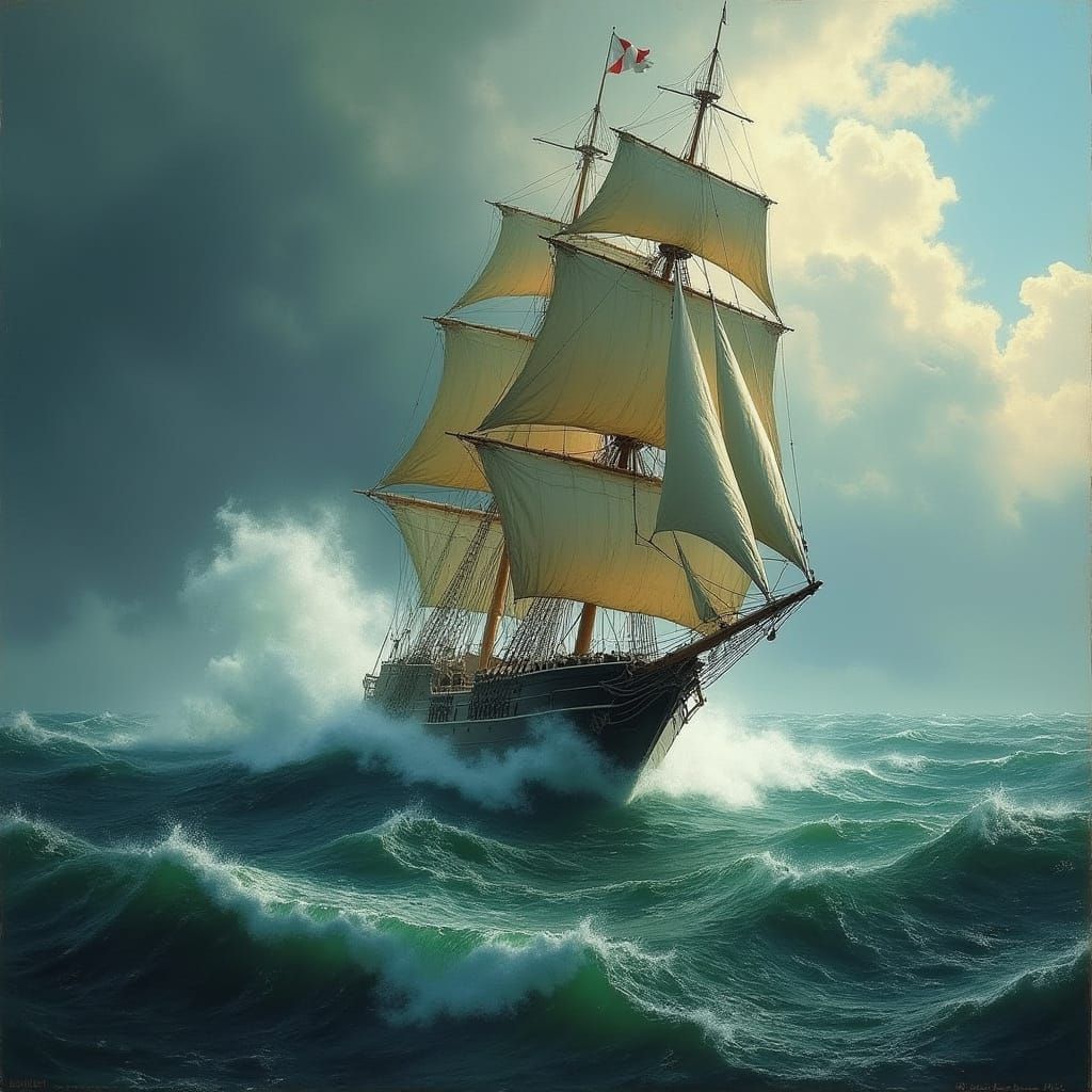 Square-Rigged Ship Battles Stormy Seas: Oil Painting