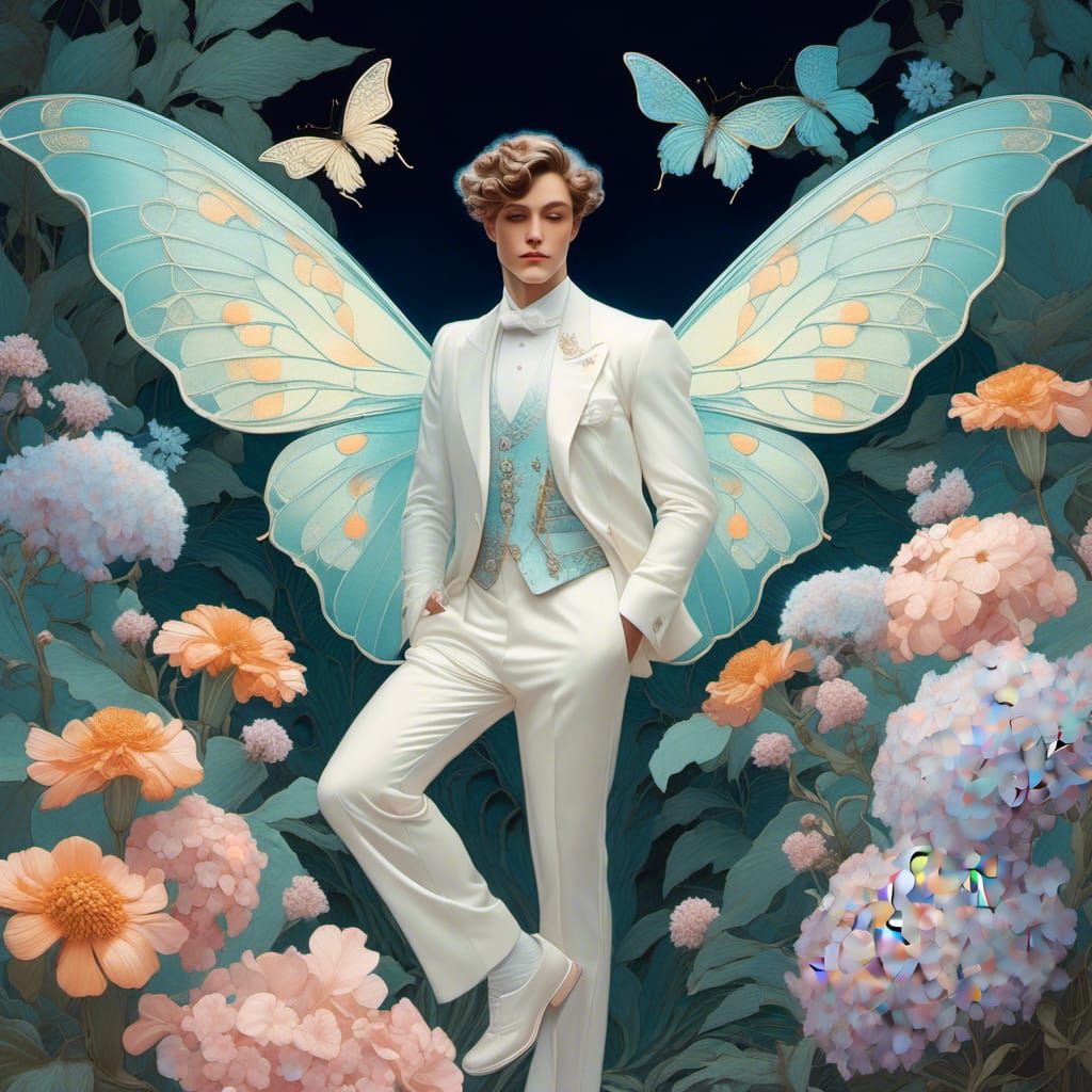 Art Nouveau Moth-Winged Man in Pastel Garden