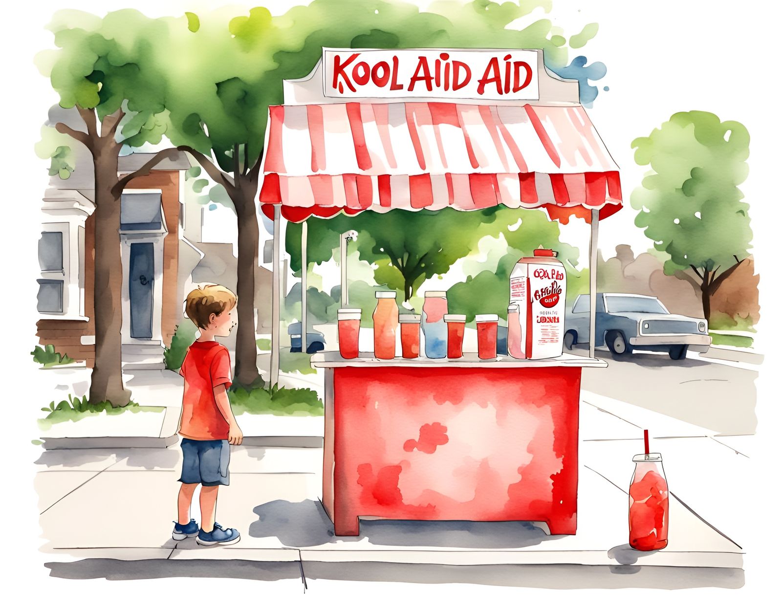 Child's Kool Aid Stand on Sidewalk - Vibrant Watercolor Art