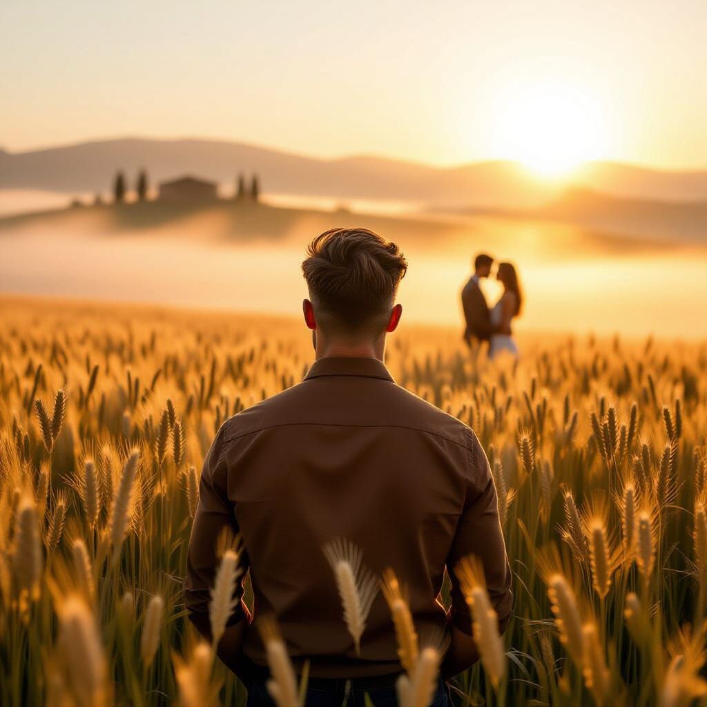 Tuscan Rye Field Sunset with Silhouette Couple