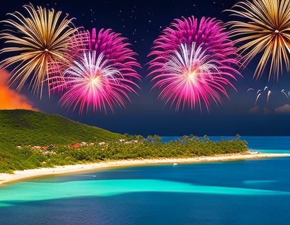 Vibrant Nighttime Tropical Island Fireworks Display
