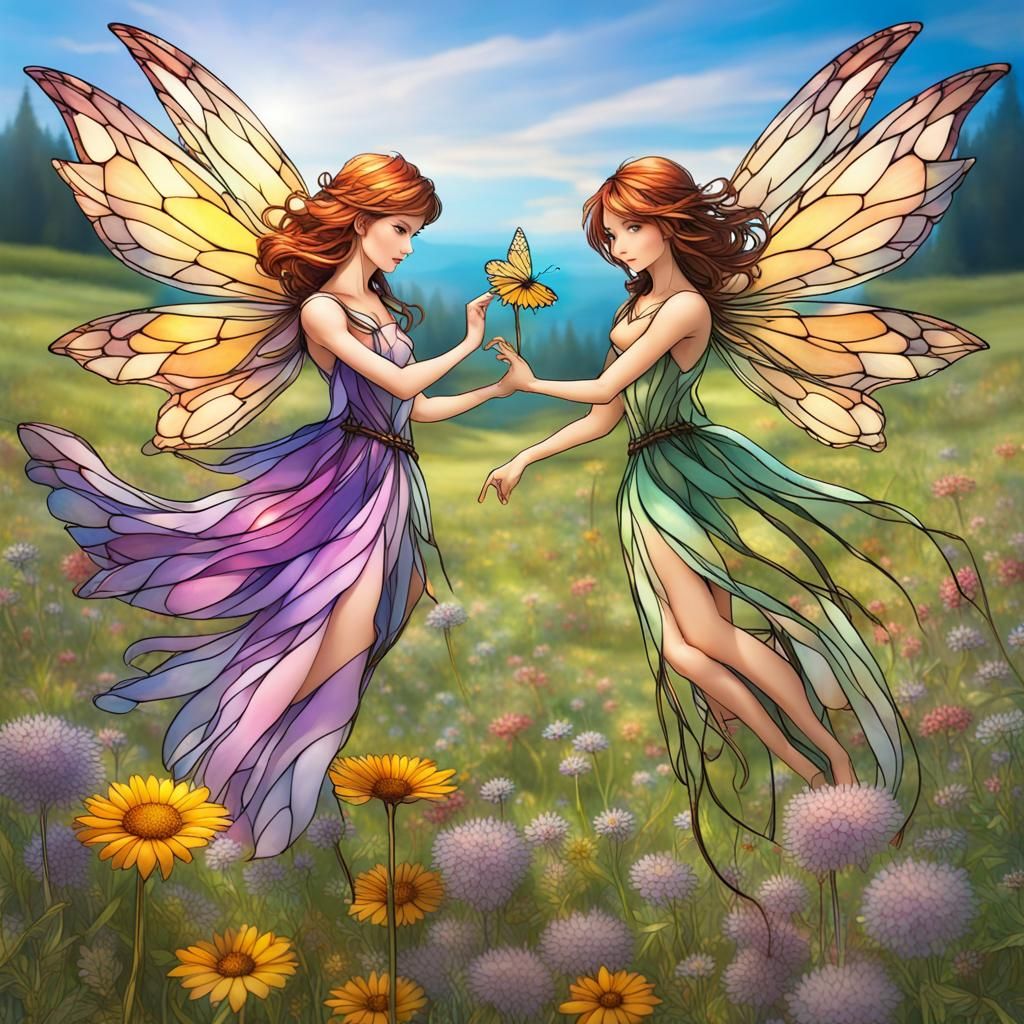 Enchanted Fairies Dance Amidst Vibrant Wildflowers in Staine...