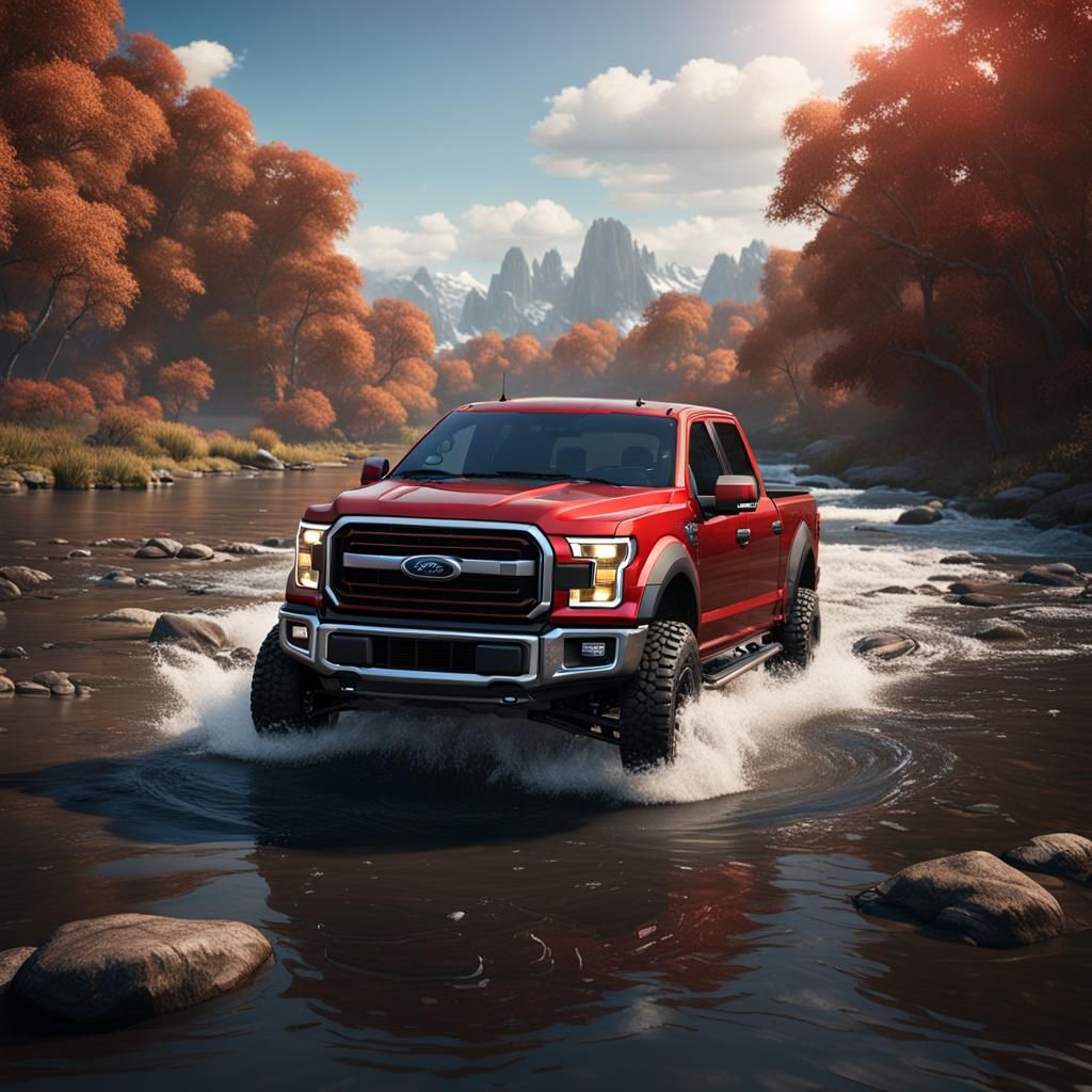 Fantastical Red Ford F150 Crossing a Majestic River in a Cyb...