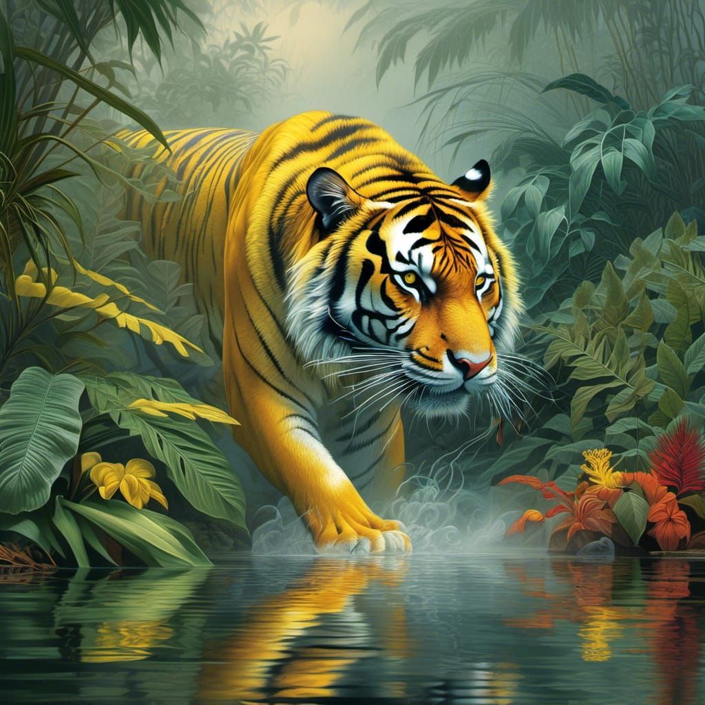 Vibrant Smoke Tiger Emerges from Jungle Mist