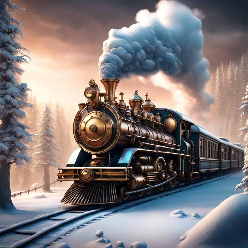 Steampunk Train in Enchanted Winter Skies