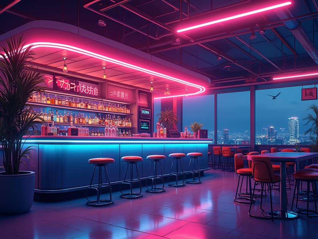 Futuristic Neon Bar Scene in Vibrant Anime Style