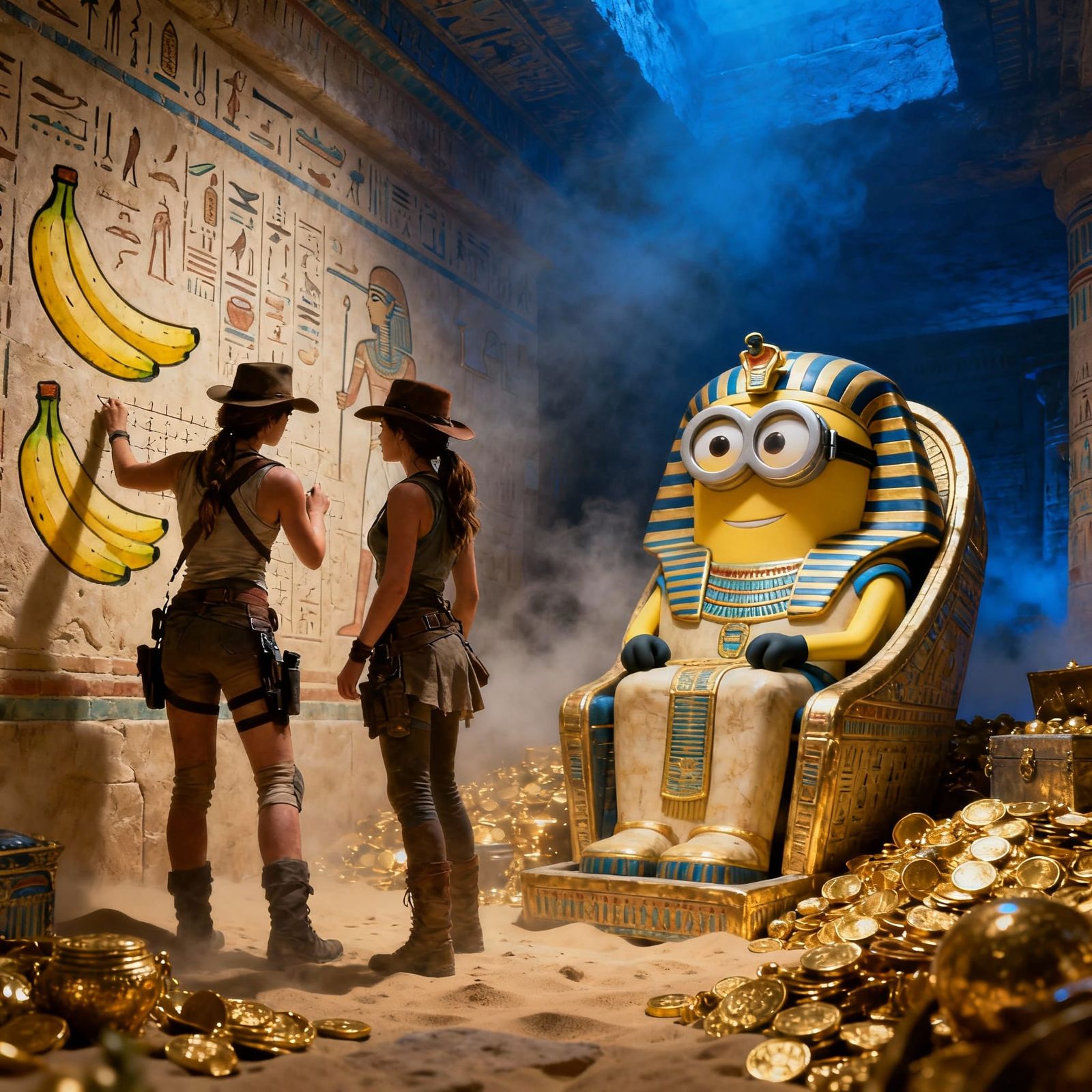Lara Croft and Indiana Jones in Egyptian Tomb with Minion Ph...
