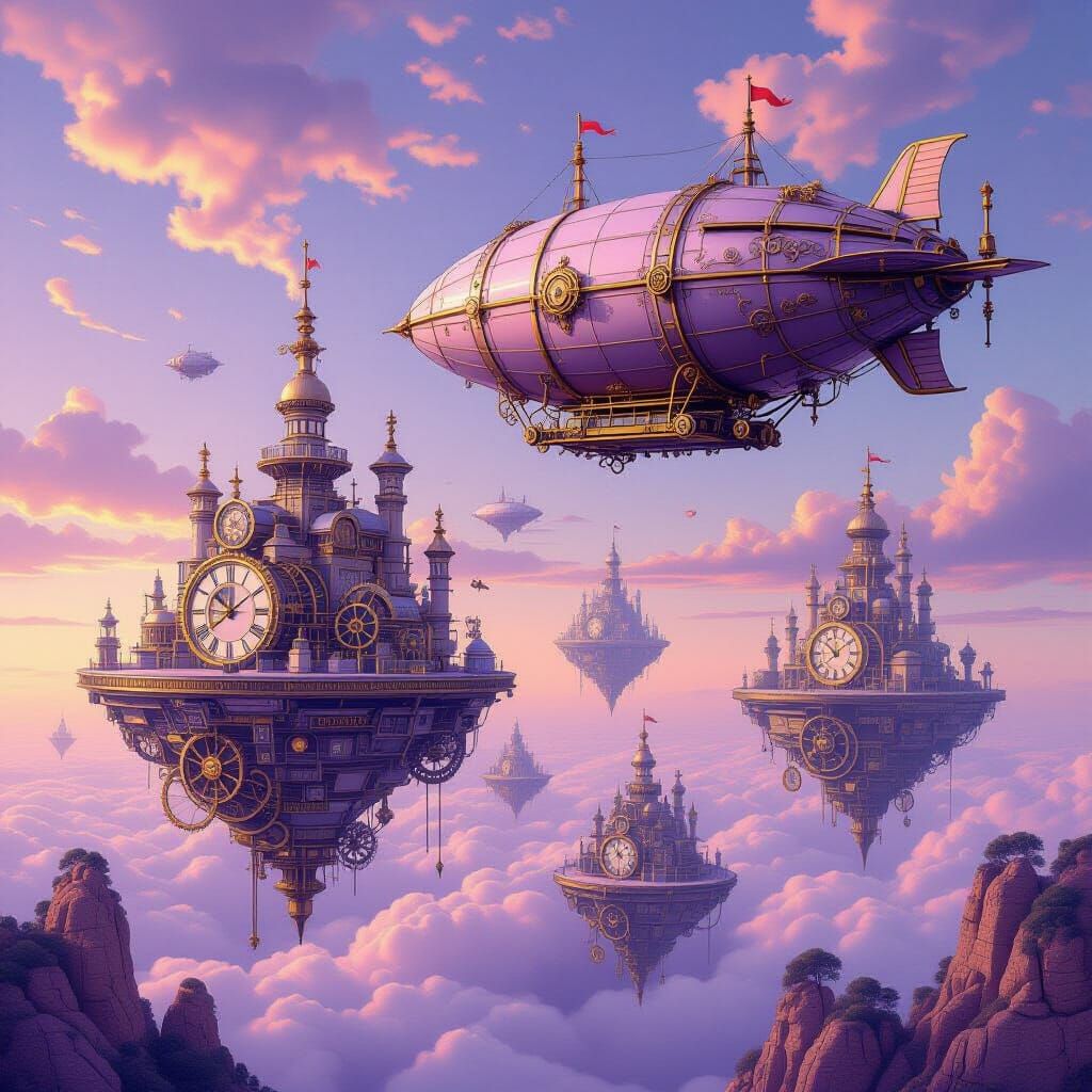 Steampunk Airship Navigates Clockwork Islands in Lavender Sk...