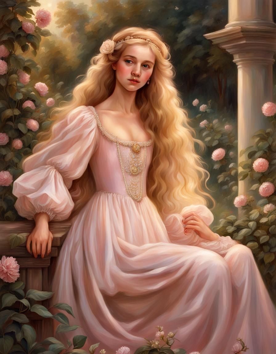 Renaissance Girl in Elegant Pink Gown Poses in a Garden