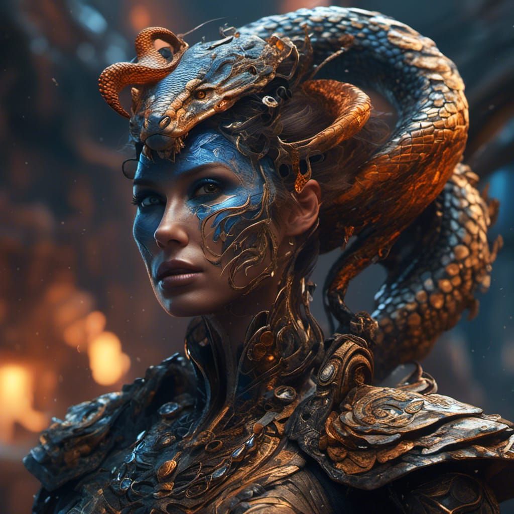 Hyperrealistic Female Cobra with Human Face in Intricate Fan...