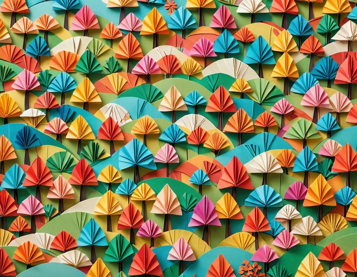 Whimsical Origami Landscape in Vibrant Colors, Inspired by M...